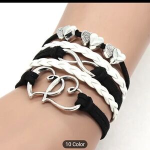 Women's bracelet leather hearts‎ black braided new d59